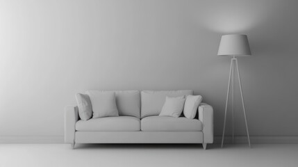 Minimalist, gray sofa and floor lamp in empty room