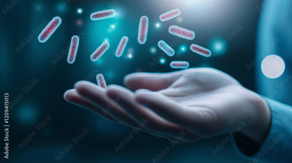 Poster a dynamic image of digital bacteria in vibrant 3d detail hovering above a hand, symbolizing personal