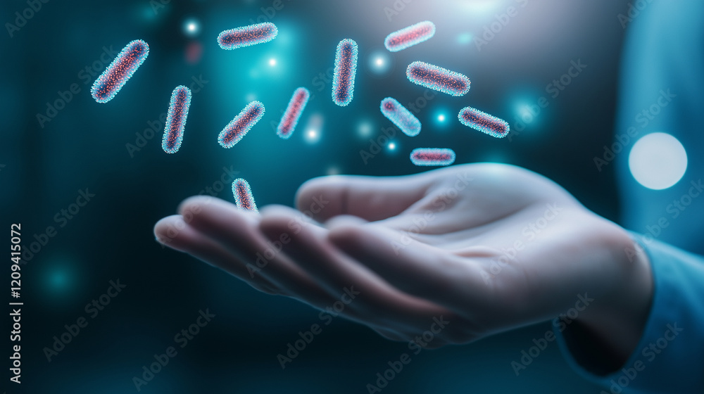 Poster a dynamic image of digital bacteria in vibrant 3d detail hovering above a hand, symbolizing personal