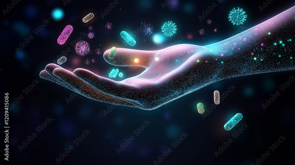 Poster a conceptual scene of a human hand holding digital microbiota, glowing in multicolor patterns, with 