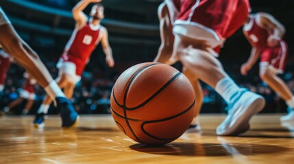 Close-up of basketball in action with blurred players during a game on court