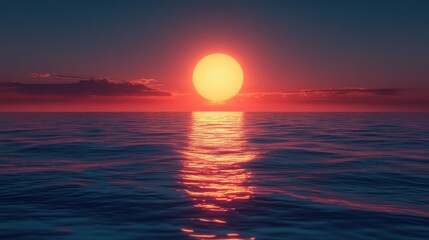 Vibrant sunset over calm ocean; large, orange sun reflecting on dark water.