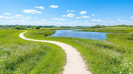 Naklejka premium Winding path by summer lake, sunny day, green meadows. Ideal for travel brochures