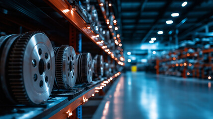 A well-lit warehouse with neatly organized shelves lined with gleaming auto parts, including brake pads, filters, and spark plugs, symbolizing streamlined inventory management