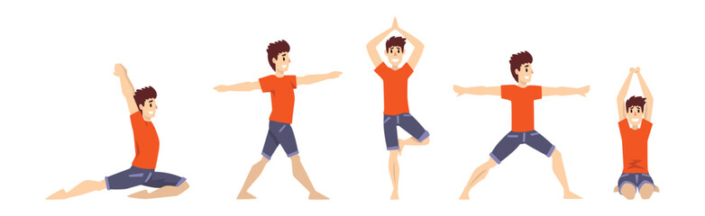 Man Character Do Yoga Stretch Body Vector Set
