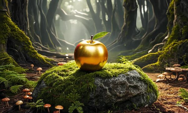 Golden apple rests on moss, enchanted forest background