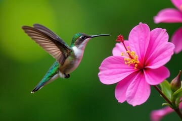 Naklejka premium Hummingbird perched on a vibrant pink flower with delicate petals and soft center, spring blooms,