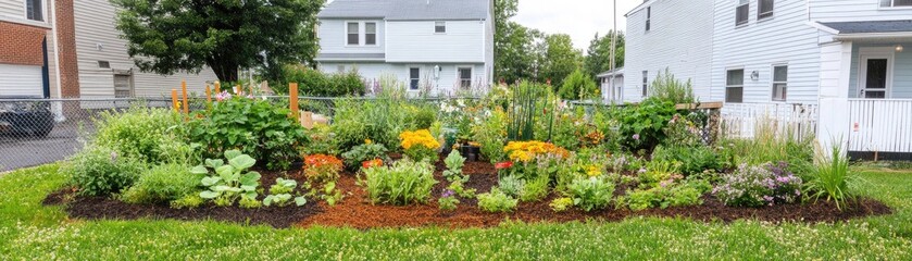 Obraz premium Urban garden thrives between houses, summer blooms. Community space use