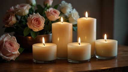 Lit Candles with Roses, Serene Still Life, Warm Glow and Peaceful Atmosphere
