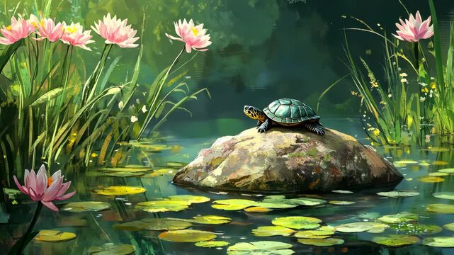 A small turtle on a rock in a clear spring stream, surrounded by blooming lilies and reeds, with space for text at the top. picture