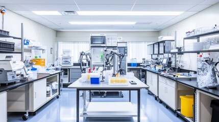 A robotic automation lab with various robotic prototypes and advanced testing equipment, clean and experimental environment with a focus on innovation, Experimental style