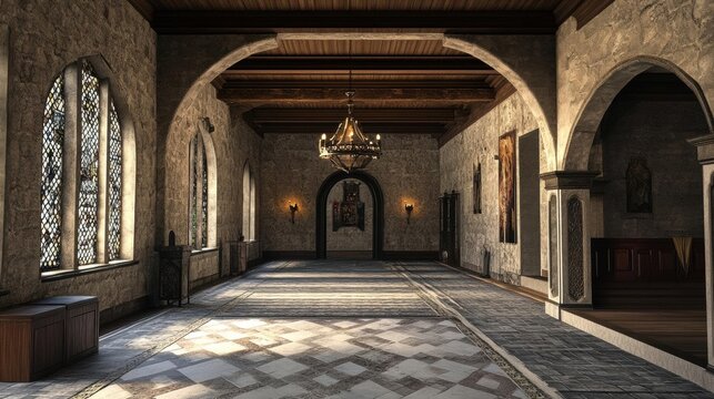Medieval Hallway with Stone Walls and Archways - Powered by Adobe