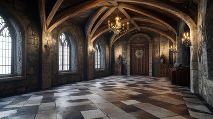 Obraz premium A Medieval Hallway: Stone Walls, Wooden Beams, and a Glimpse of the Past