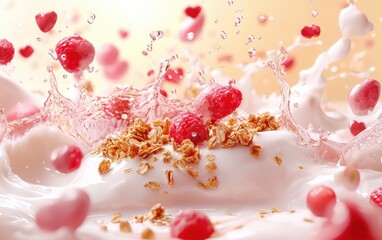A yogurt splash with floating granola and romantic pink fruits for Day of Saint Valentine and 8 March