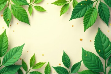Fototapeta premium Leafy green foliage with golden accents on a soft, cream background, botanical, outdoors