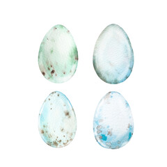Easter blue eggs with spots hand painted with watercolor and isolated on white background. Easter decor element