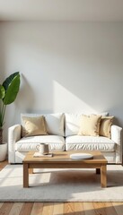 Living room with white sofa and natural wood coffee table, minimalist decor, open space