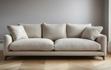 Fototapeta premium A modern beige sofa with textured fabric in a minimalist living room with soft gray walls and warm wooden flooring