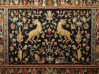 Medieval Tapestry with Two Lions and Floral Motifs