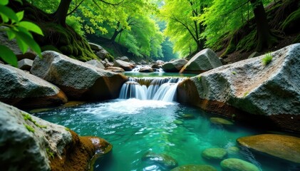 Naklejka premium Lush foliage surrounds crystal clear water flowing over rocks , forest, stones