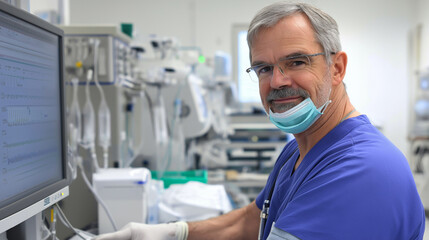 A medical researcher in a sterile lab environment, cross-referencing lab results with computer data, ensuring accuracy and efficiency in medical diagnostics