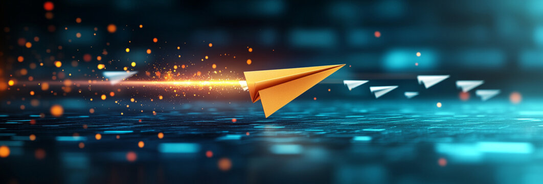 Ai generate a dynamic paper airplane launching into the digital realm technology graphic futuristic viewpoint