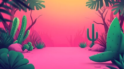 Vibrant Pink Desert Landscape with Cactus Plants and Tropical Leaves