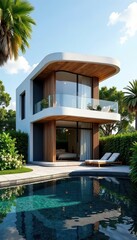 Fototapeta premium Luxury modern house with curved roofline and private balcony, wooden facade, curved roofline