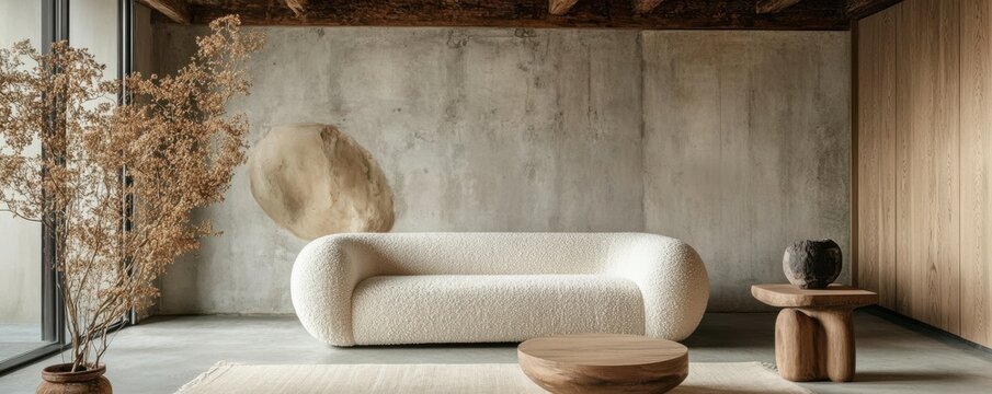 Minimalist, loft, japandi style interior design of living room. Modern white boucle sofa in a living room with concrete wall and beam ceiling and wooden side table, minimal decor