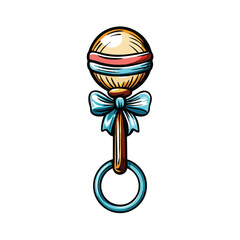 A flat, cartoon-style baby rattle with a pink bow, perfect for a baby shop. The rattle should be simple and visually appealing for newborns and toddlers.
