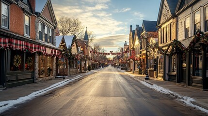 Snowy Christmas Street Decorated with Holiday Lights and Garlands