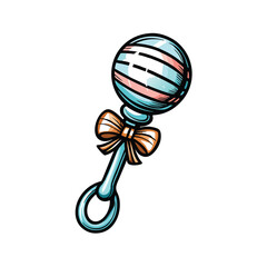 A flat, cartoon-style baby rattle with a cute bow, suitable for a baby shop's logo or marketing materials.