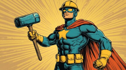 Heroic Construction Worker with Hammer Standing Proudly in a Dynamic Comic Book Style Background, Embodying Strength and Courage for Any Project Theme