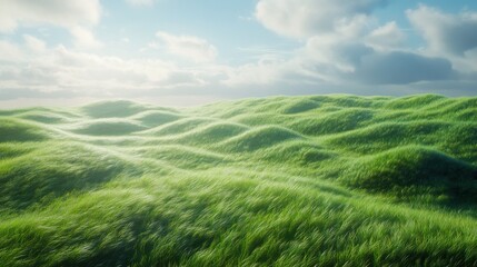 Fototapeta premium Lush green grass waves gently under a bright blue sky, creating a serene landscape.