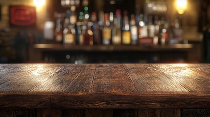 Rustic Wooden Bar Counter with Blurred Background of Liquor Bottles