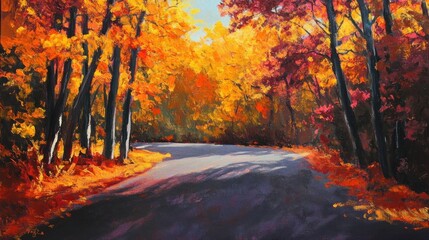 Fototapeta premium Autumnal Road Through a Canopy of Red and Gold