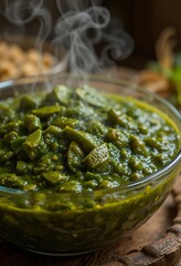 Steaming Green Vegetable Curry in Glass Bowl Rustic Setting