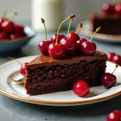 Moist chocolate cake adorned with a vibrant arrangement of juicy fresh cherries, adding a pop of color and flavor to the dessert , rich dessert, indulgent desserts