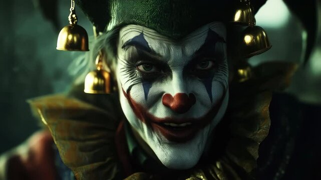Dark and Eerie Clown Character With a Sinister Smile in a Dimly Lit Setting. Generative AI