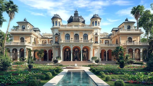 Luxury palace with symmetrical garden and reflection pool under bright blue skies, seamless looping 4k time-lapse animation video background. Architectural grandeur concept