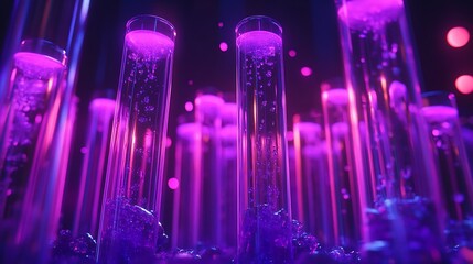 Fototapeta premium Lab Test Tubes with Purple Liquid Under Futuristic Neon Light