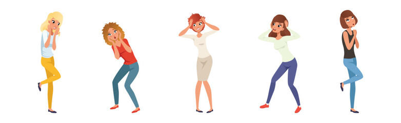Scared and Frightened Woman Character Afraid of Something Vector Set