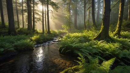 Obraz premium Mystical Forest with Sunrays Piercing the Lush Greenery