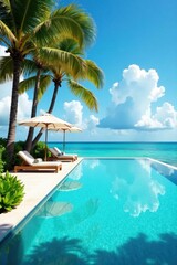 Fototapeta premium Palm tree-lined infinity pool with sun loungers and turquoise water, sun loungers, palm trees