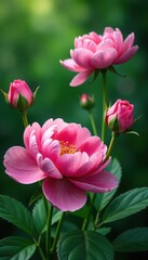 Fototapeta premium Pink peonies and roses in a lush green background, peony, floral