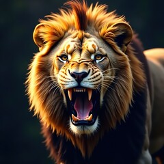 Fototapeta premium Powerful lion with bared teeth and piercing gaze, strength, wild