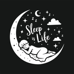 Sleeping. Sleeping On A Crescent Moon Nigh Vector Silhouette.