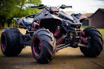 Customized quad bike with big tires and red suspension parked on a paved road