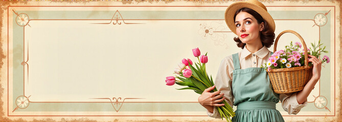 Woman holding flowers and smiling against vintage background