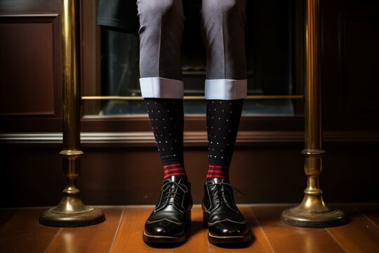 Businessman showing colorful socks and elegant shoes in luxury hotel